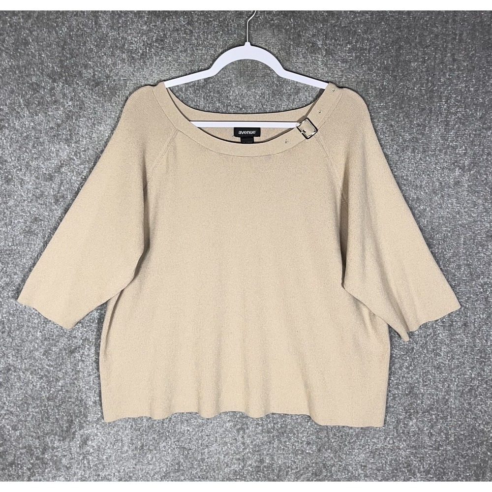 Avenue Knit Top Womens Size 22/24 Tan 3/4 Sleeve Buckle Neckline Vintage Shirt